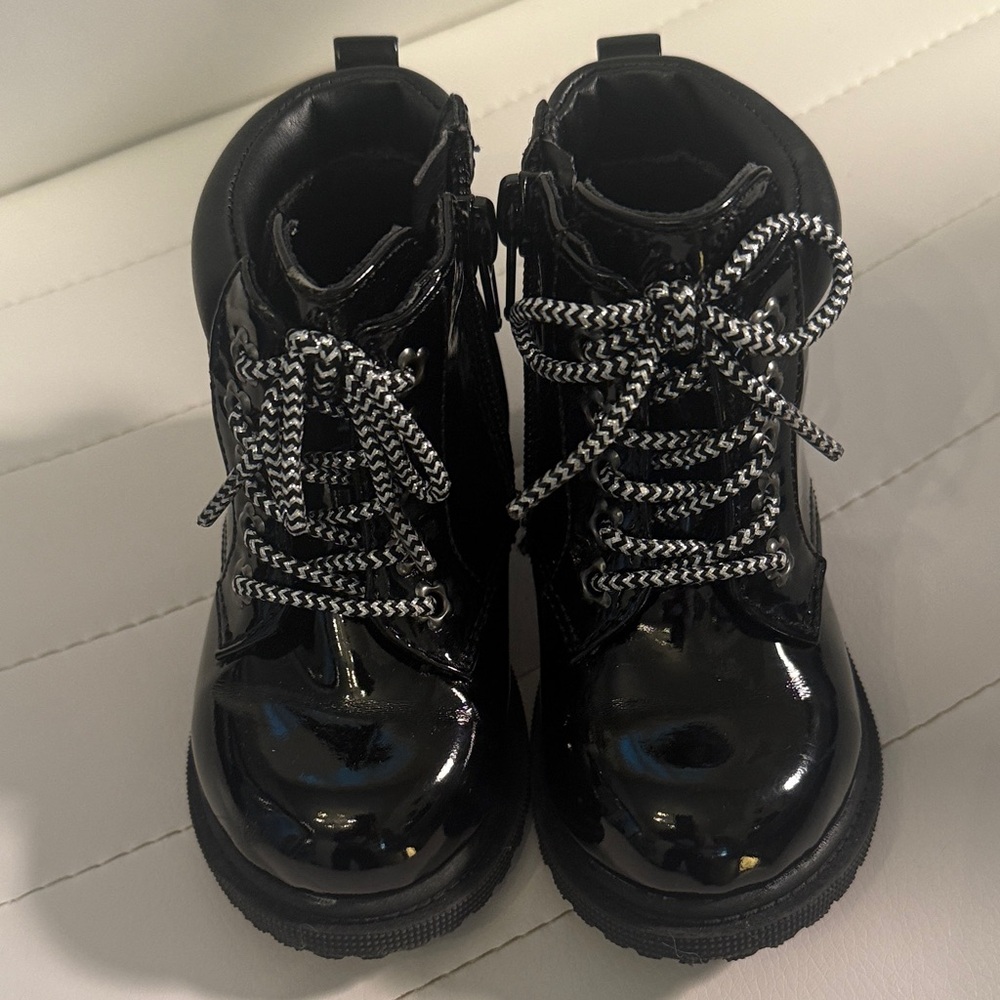 Black Patent Leather Boots with Black & Silver Laces